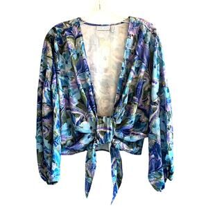 Susan Graver 1X Tie Waist Top Floral Boho Resort Cruise Festive Cobalt Lilac
